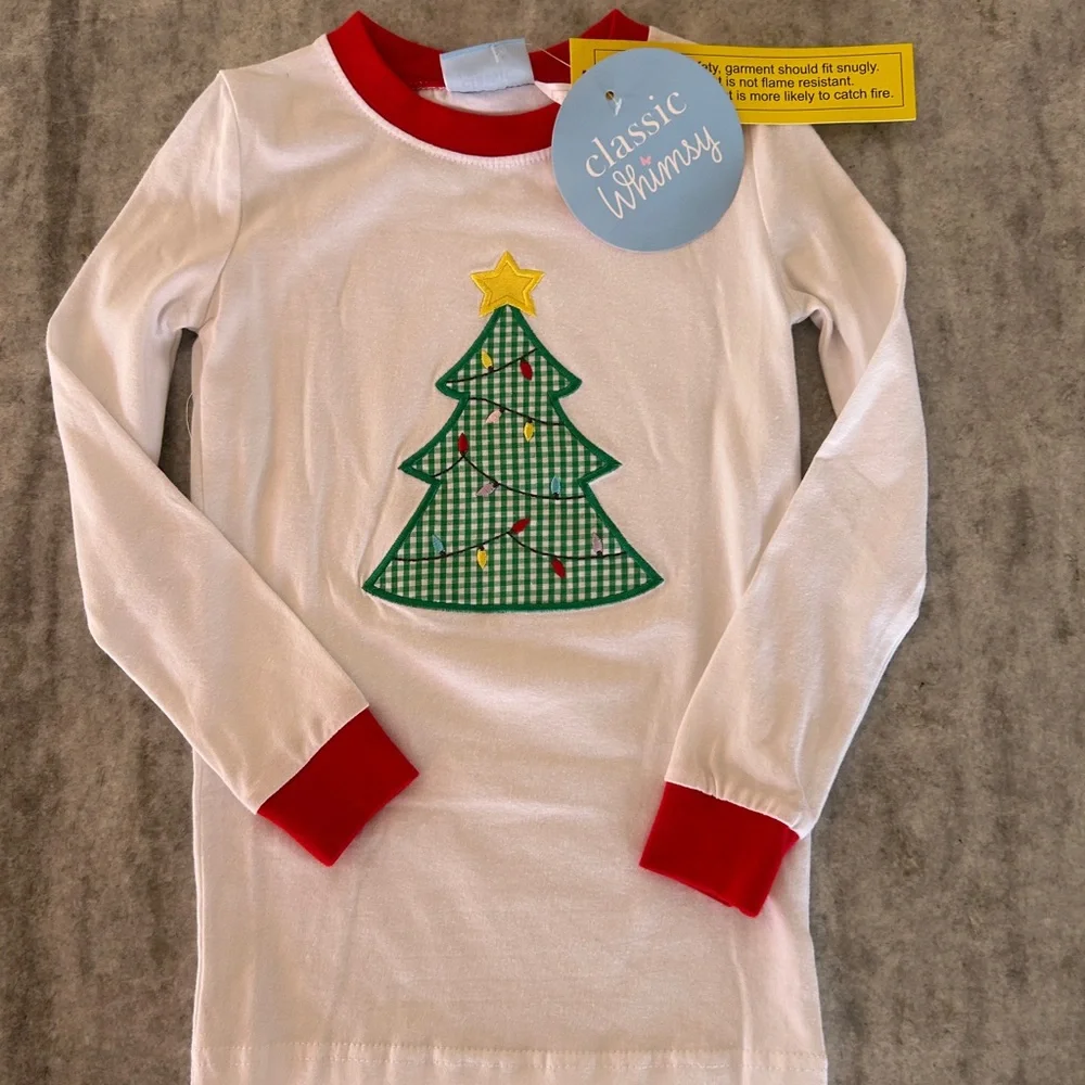 Classic Whimsy Christmas Tree Pajama Set with Pink Stripes Size 6
